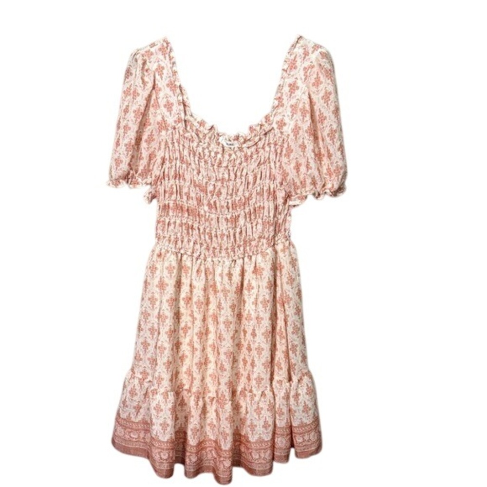 MINE Womens Dress Medium Floral Pink White Smocked Mini Dress Short Sleeve